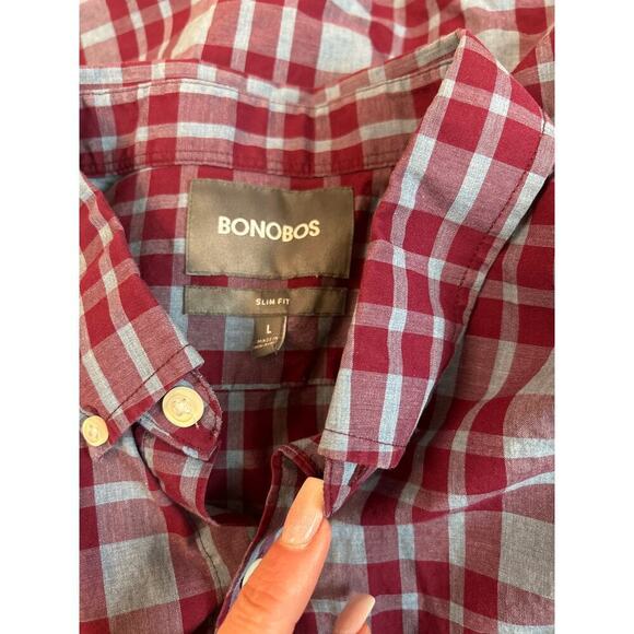 BONOBOS men's plaid casual button up 100% cotton Maroon and pale Blue slim fit L - Picture 4 of 7